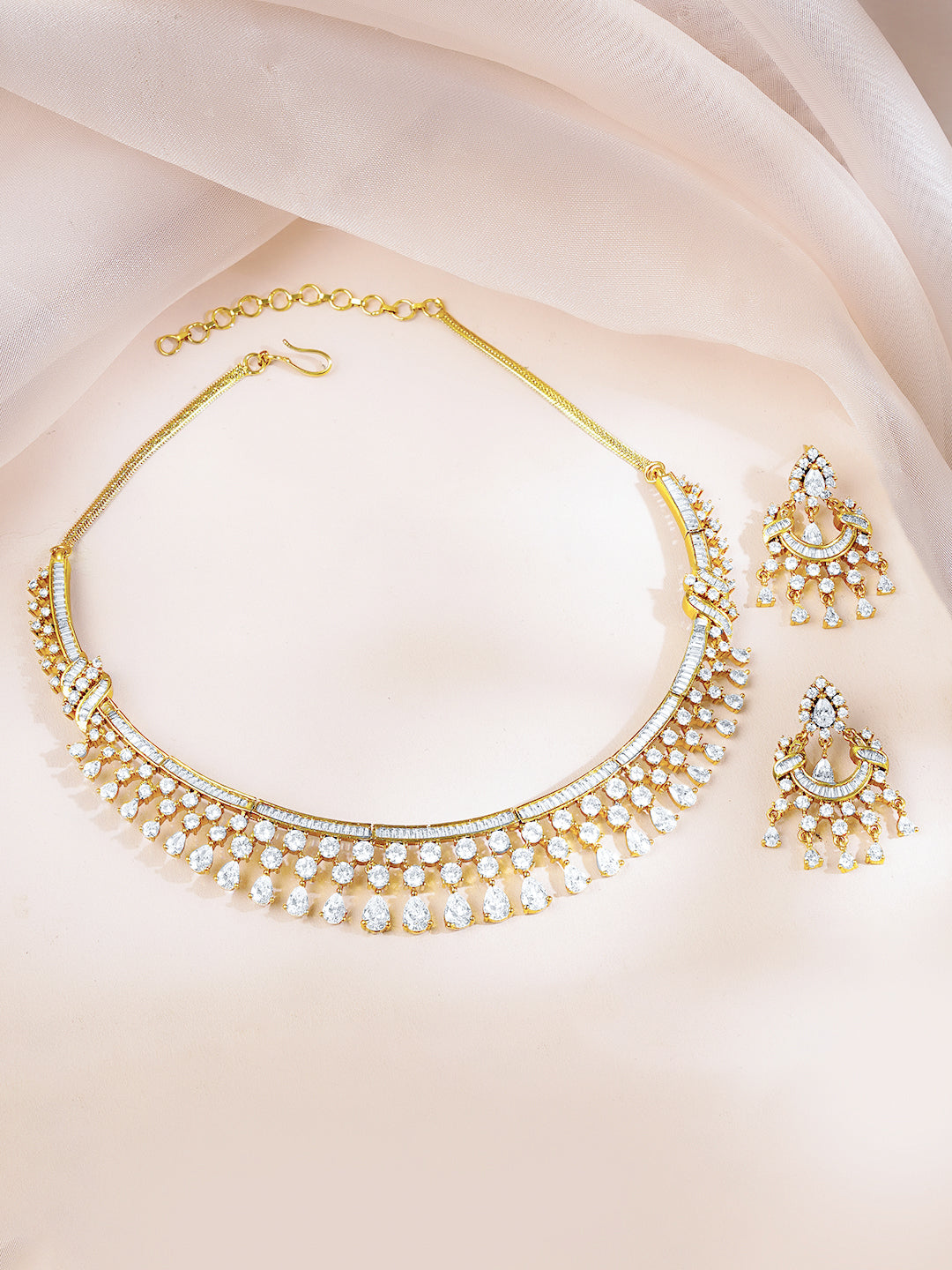 【Rubans】 Gold-Plated Cubic Zirconia Designer Choker Necklace & Earrings Set｜ゴールドメッキ キュービックジルコニア デザイナー チョーカーネックレス＆イヤリングセット