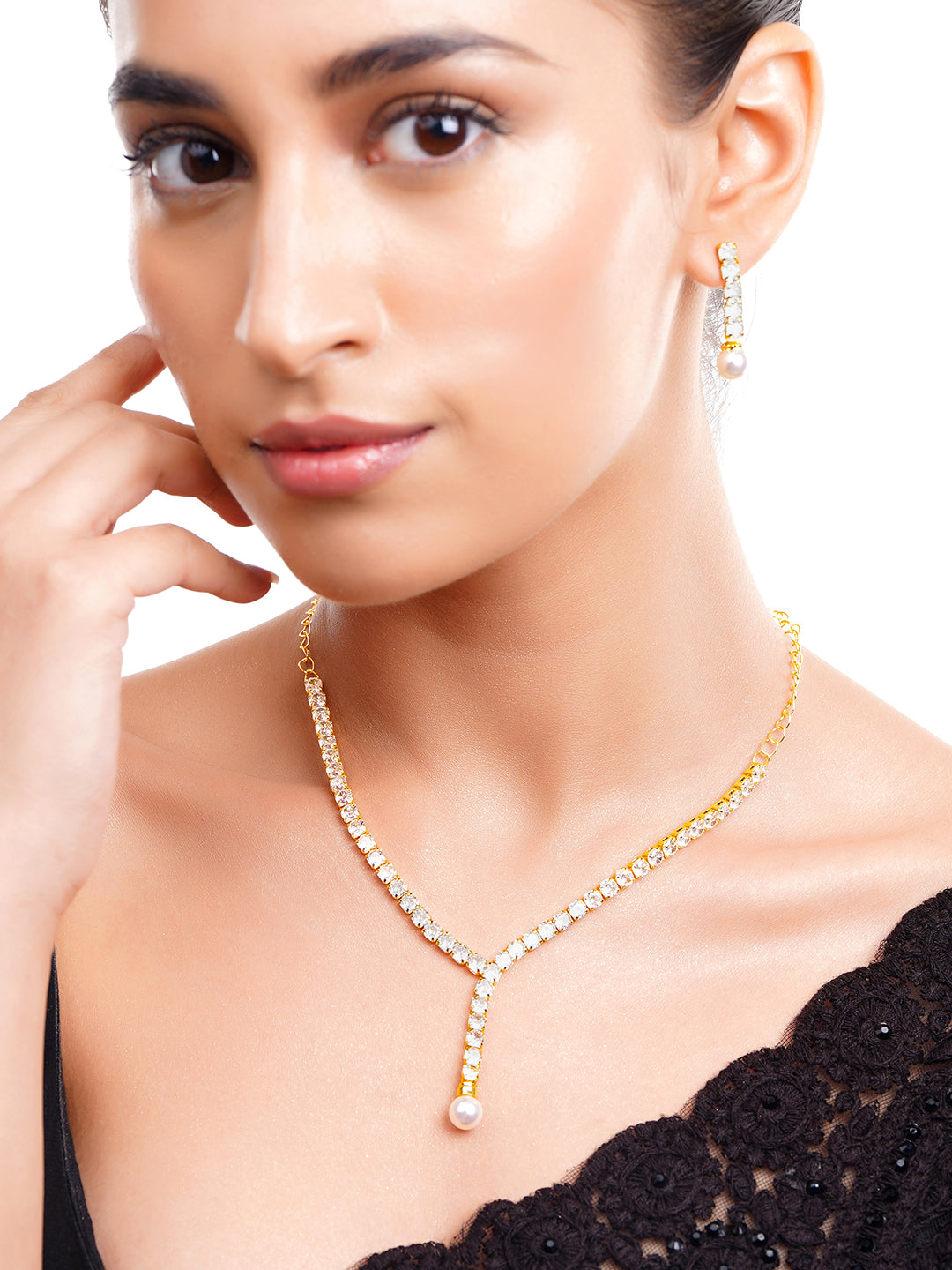 【Rubans】 Gold Plated American Diamond Pearl Drop Y Necklace Set｜ゴールドメッキ アメリカンダイヤモンド パールドロップ Y字ネックレスセット