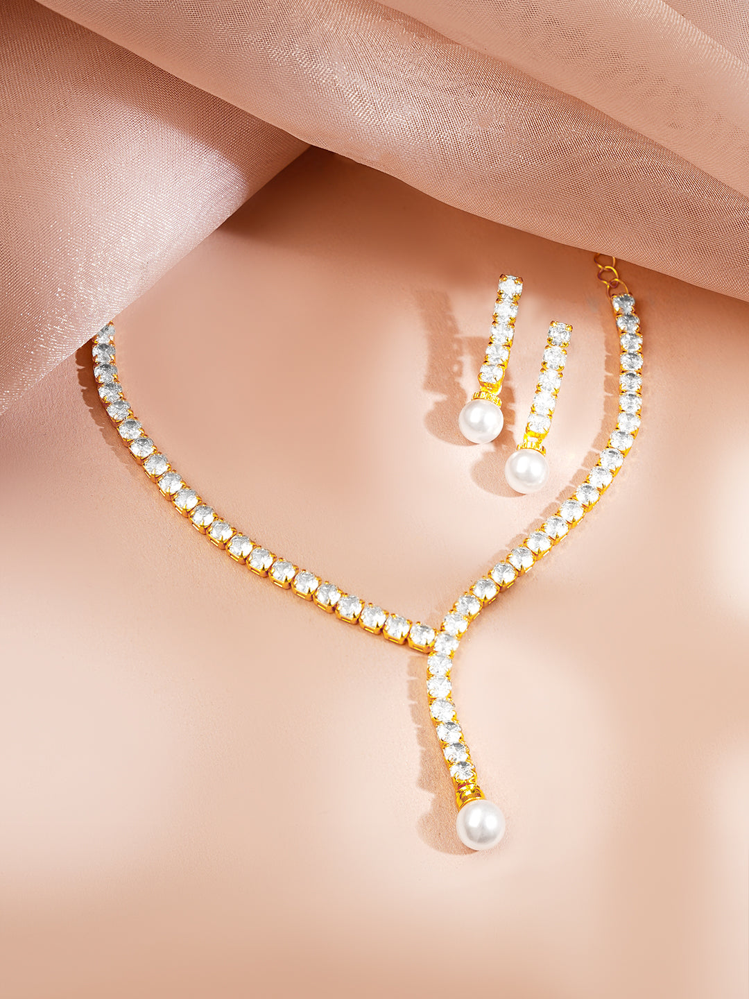 【Rubans】 Gold Plated American Diamond Pearl Drop Y Necklace Set｜ゴールドメッキ アメリカンダイヤモンド パールドロップ Y字ネックレスセット