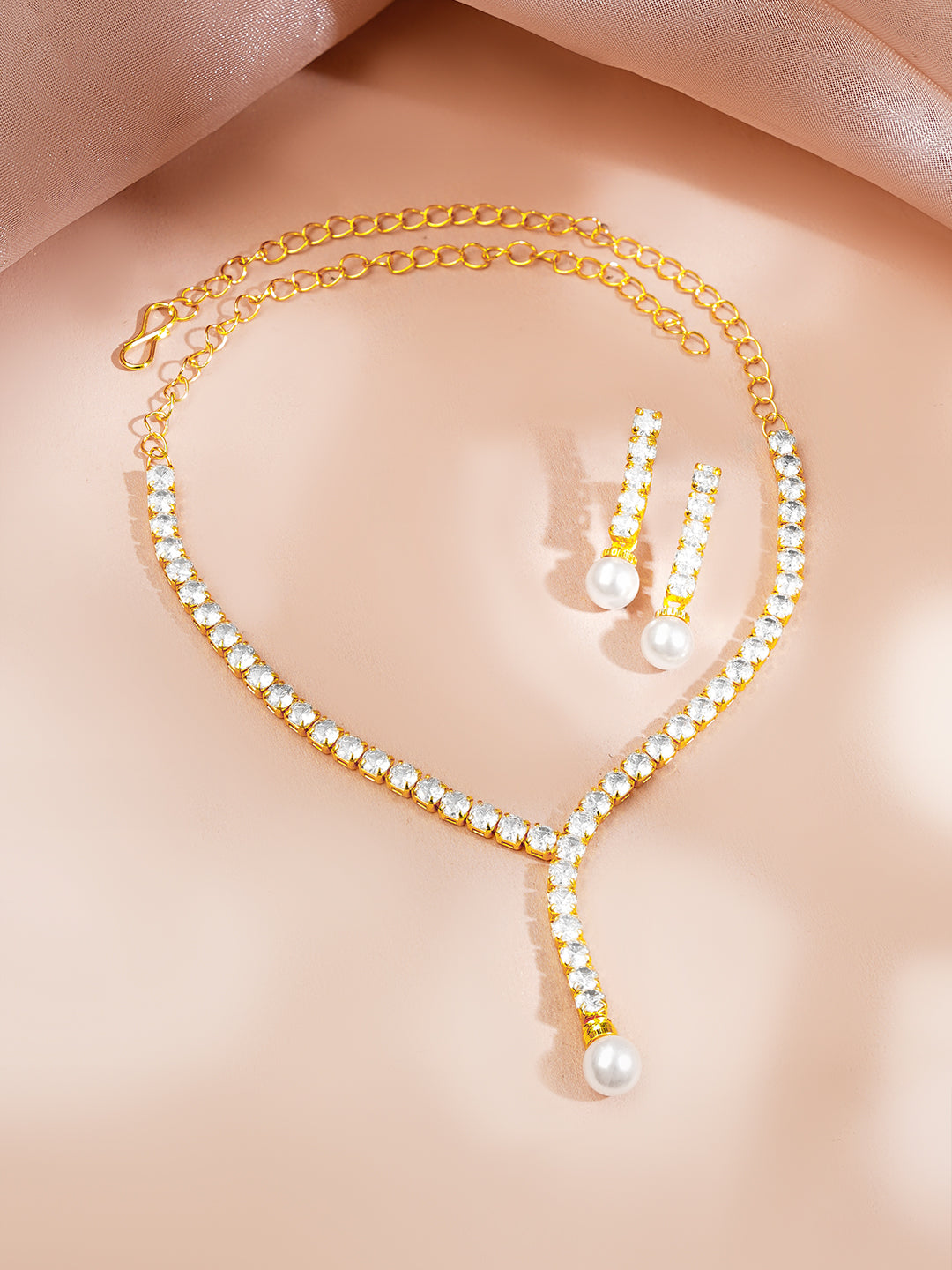 【Rubans】 Gold Plated American Diamond Pearl Drop Y Necklace Set｜ゴールドメッキ アメリカンダイヤモンド パールドロップ Y字ネックレスセット