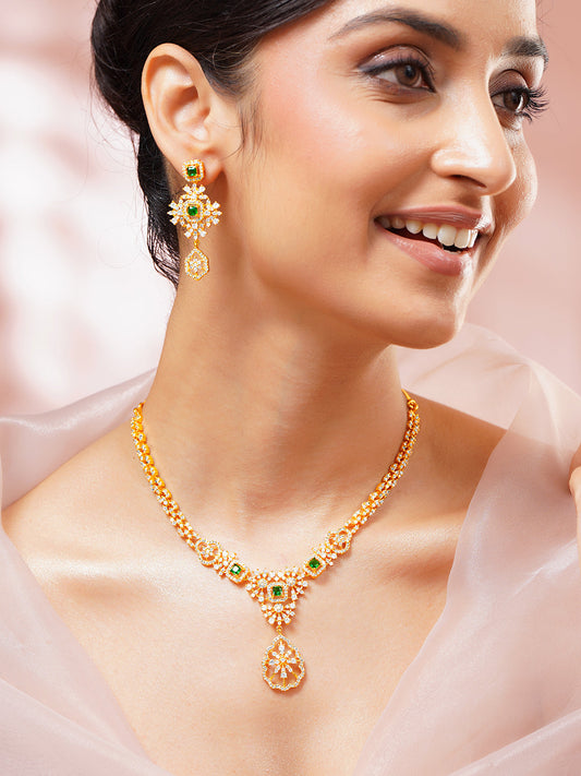 【Rubans】Gold Plated Royal Emerald Cluster Zirconia Necklace Set｜ゴールドメッキ ロイヤル エメラルド クラスター ジルコニア ネックレスセット