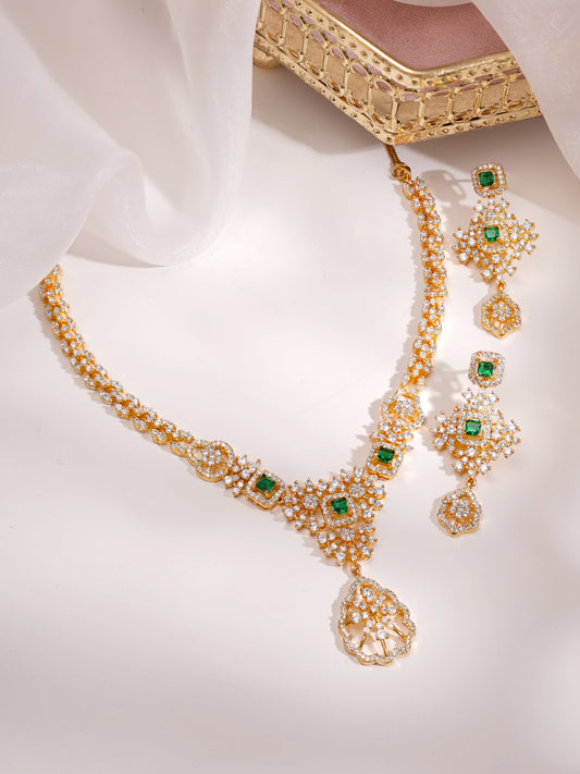 【Rubans】Gold Plated Royal Emerald Cluster Zirconia Necklace Set｜ゴールドメッキ ロイヤル エメラルド クラスター ジルコニア ネックレスセット