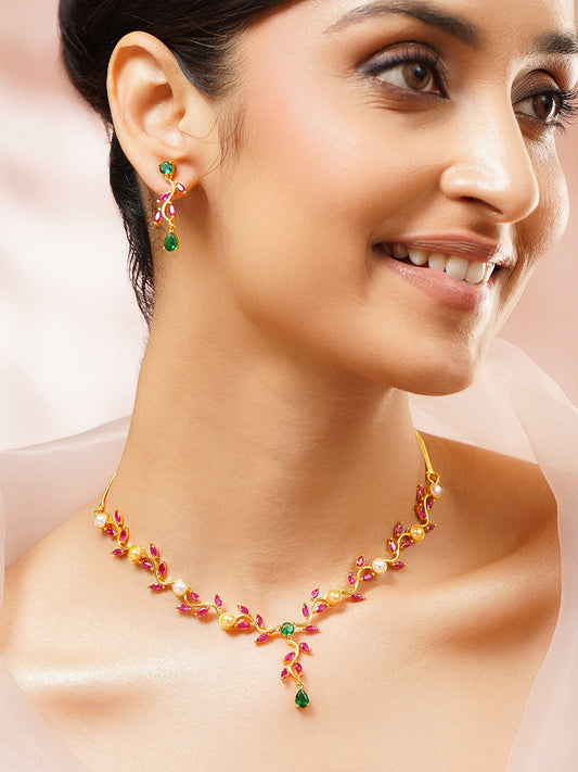【Rubans】Gold Plated Festive Vine Ruby Emerald Pearl Necklace Set｜ゴールドメッキ フェスティブ ヴァイン ルビー エメラルド パール ネックレスセット