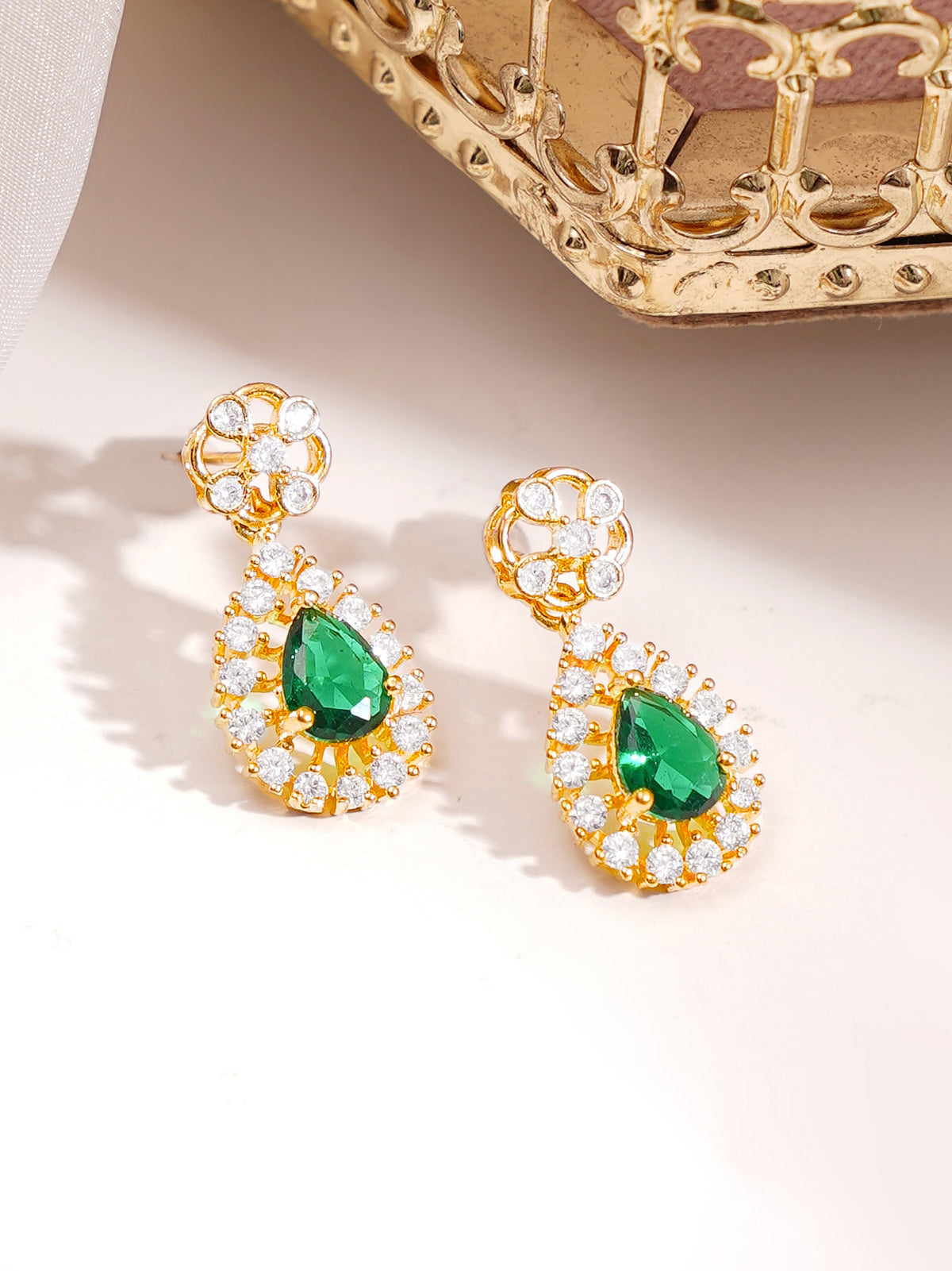 【Rubans】Gold Plated Emerald Dewdrop Floral Zirconia Necklace Set｜ゴールドメッキ エメラルド デュードロップ フローラル ジルコニア ネックレスセット