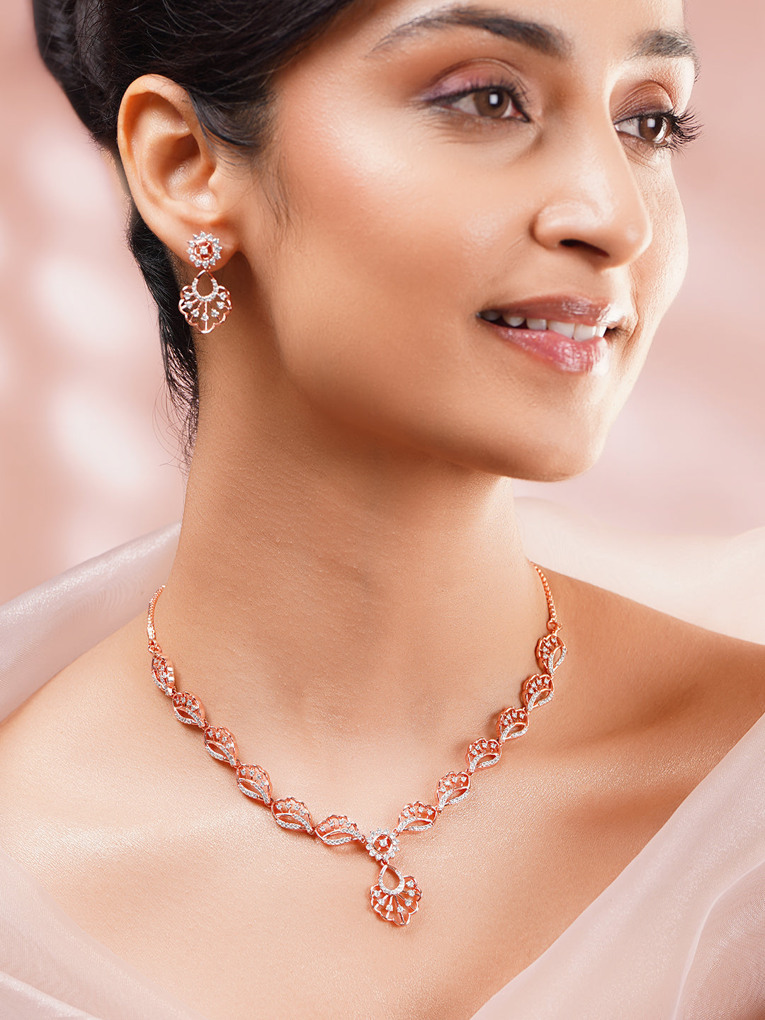 【Rubans】Gold Plated Blush Petal Sparkle Necklace Set｜ゴールドメッキ ブラッシュペタル スパークル ネックレスセット