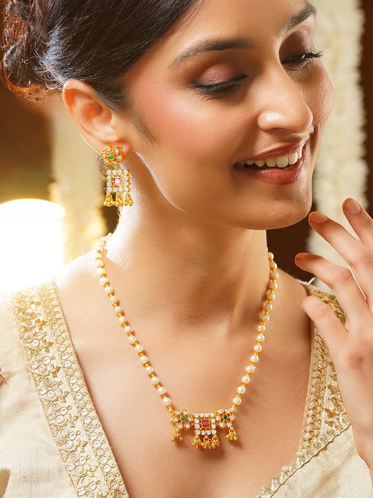 【Rubans】Gold Plated Pearl Whisper Kundan Blossom Necklace Set｜ゴールドメッキ パール ウィスパー クンダン ブロッサム ネックレスセット