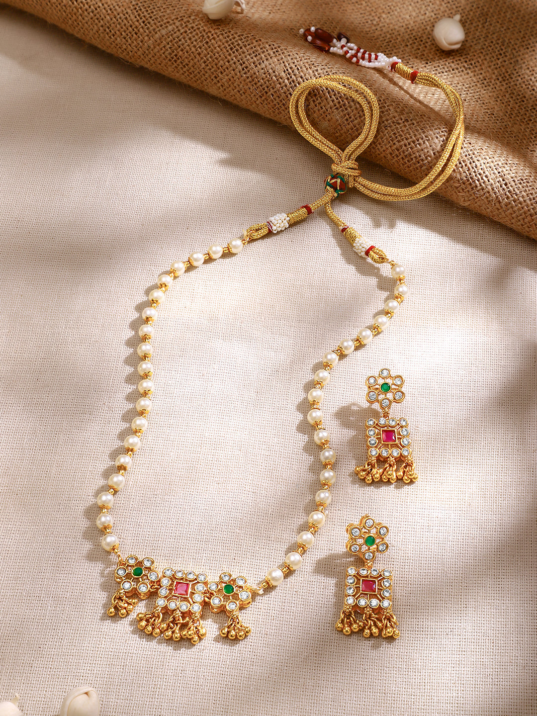 【Rubans】Gold Plated Pearl Whisper Kundan Blossom Necklace Set｜ゴールドメッキ パール ウィスパー クンダン ブロッサム ネックレスセット
