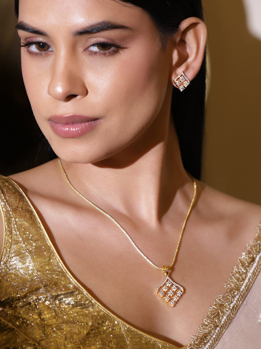 Geometric American Diamond Zirconia Pendant Necklace Set フリーサイズ