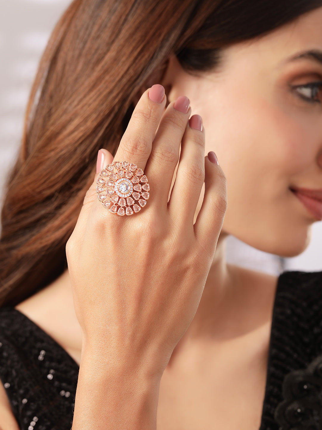 Rubans Gold Toned Zircon Stone Embellished Floral Ring Rose Gold