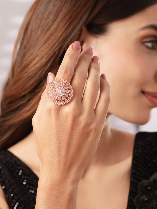 Rubans Gold Toned Zircon Stone Embellished Floral Ring Rose Gold