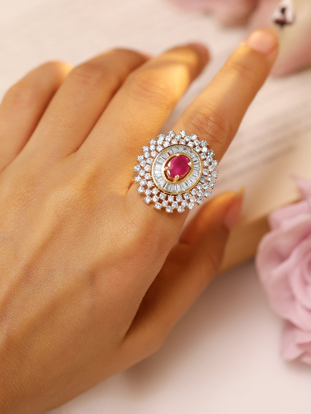 Rubans Gold Plated Zircon Stone Studded Adjustable Finger Ring Red