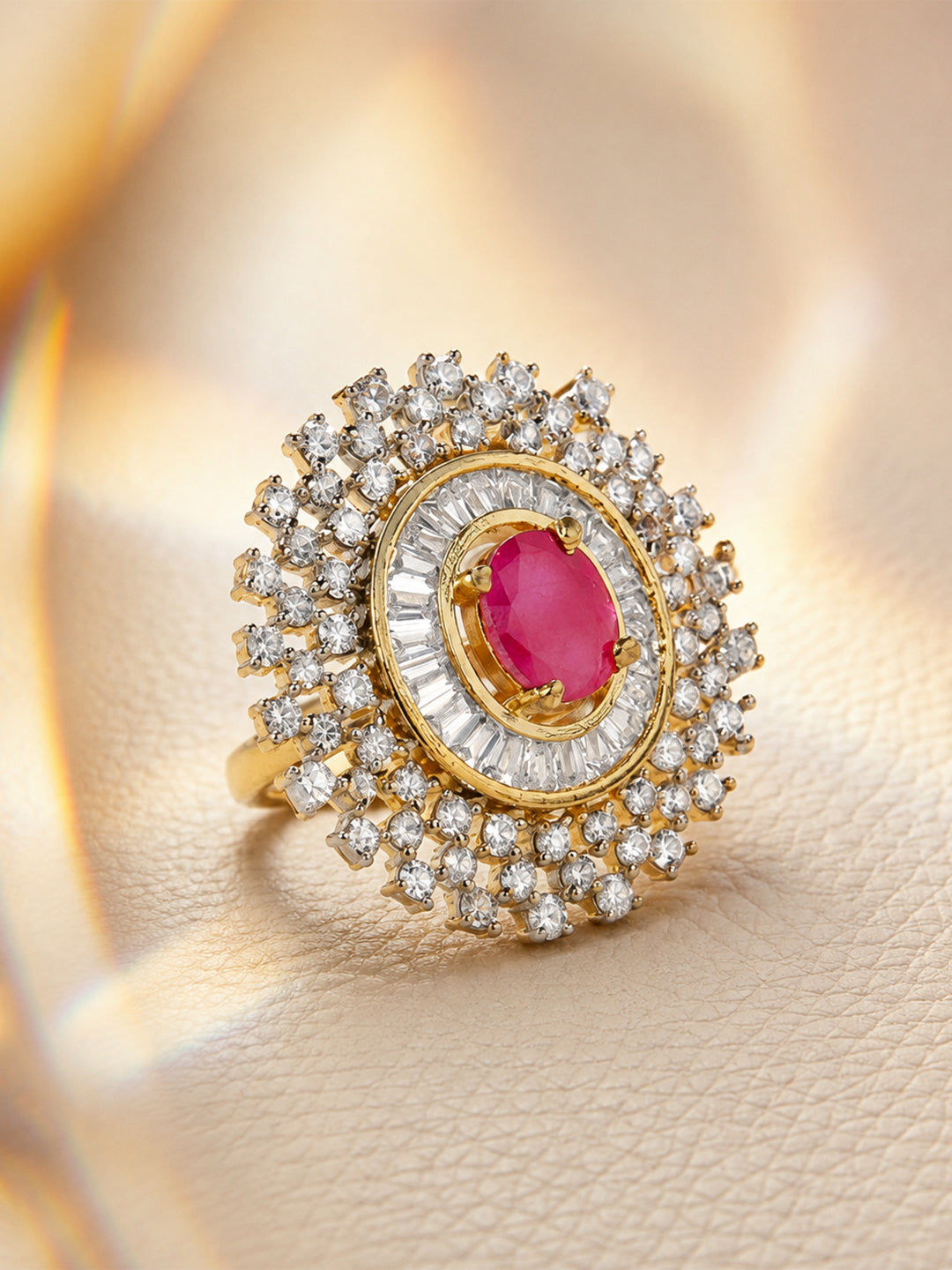 Rubans Gold Plated Zircon Stone Studded Adjustable Finger Ring Red