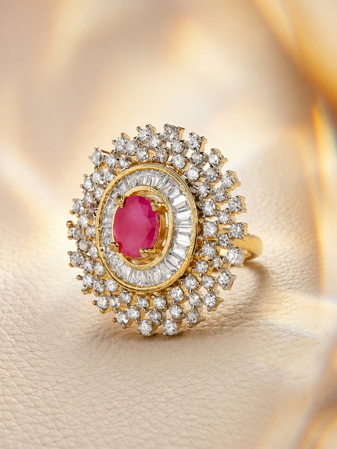 Rubans Gold Plated Zircon Stone Studded Adjustable Finger Ring Red