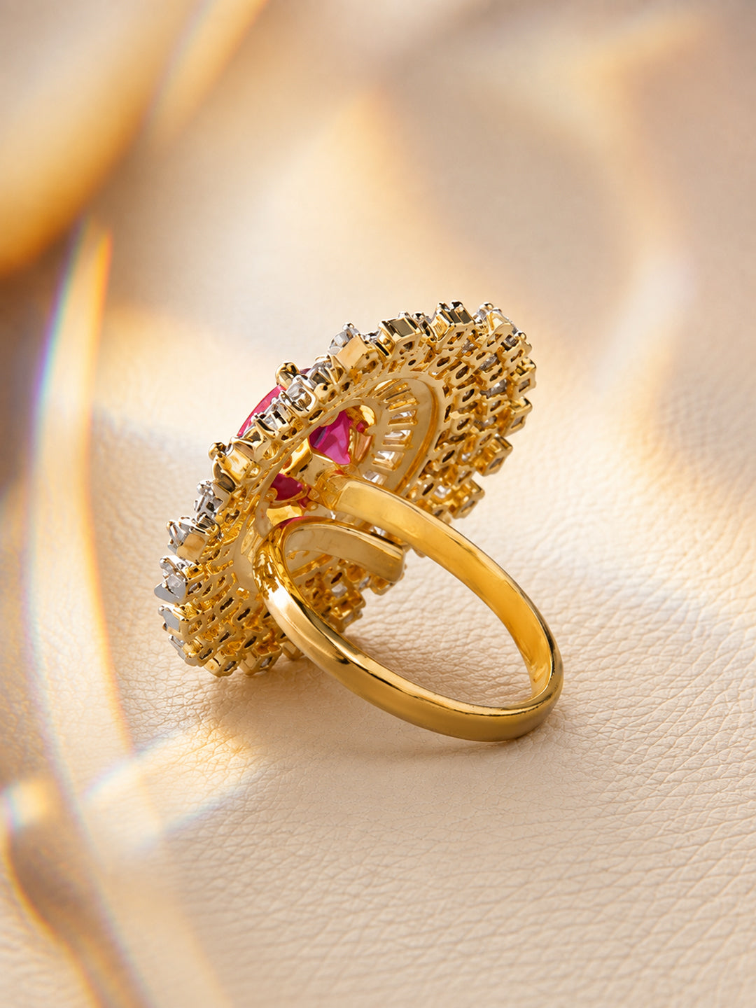 Rubans Gold Plated Zircon Stone Studded Adjustable Finger Ring Red