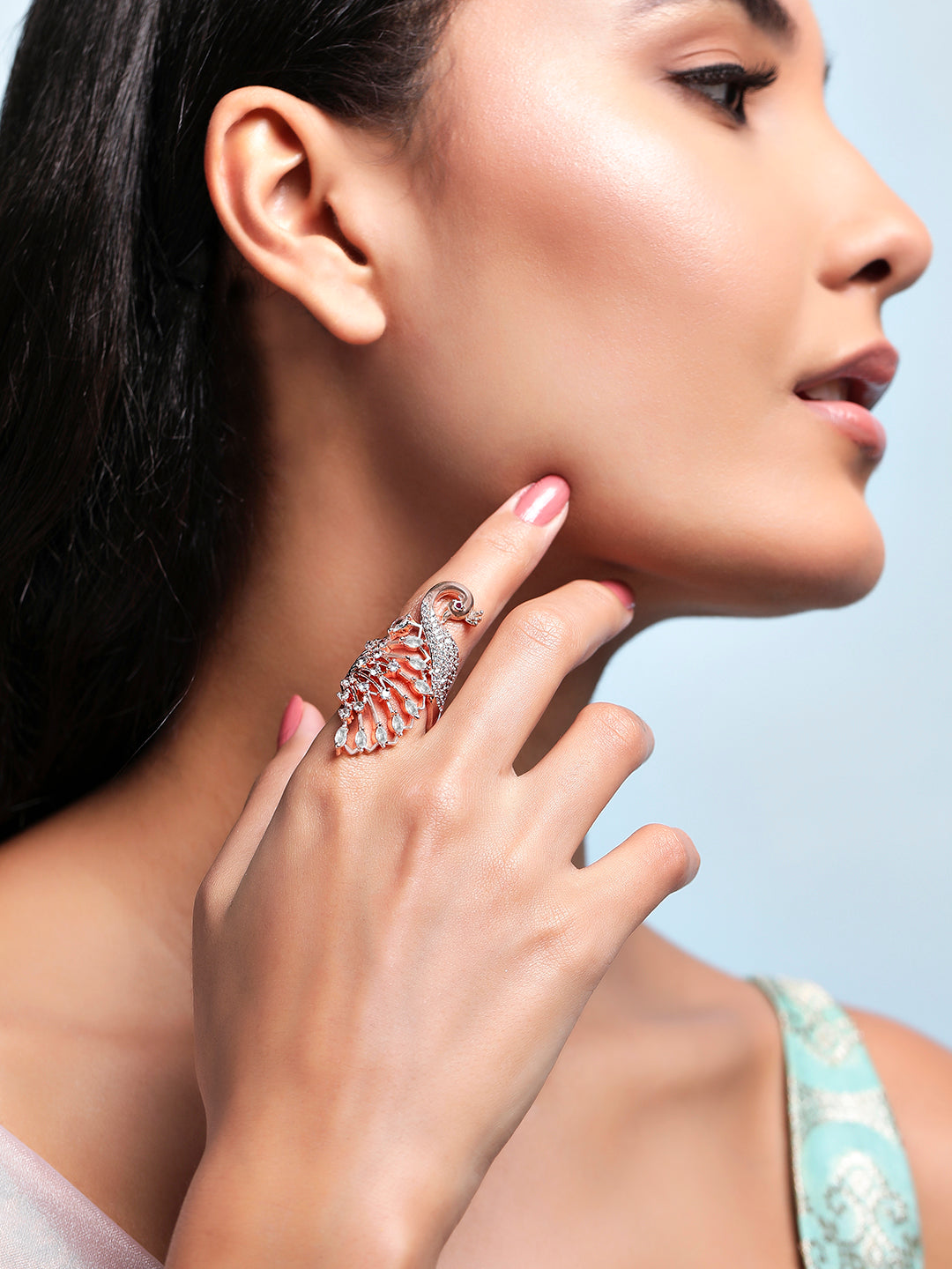 Rubans Rose Gold Plated Ring With Peacock Design And Studded AD Rose Gold