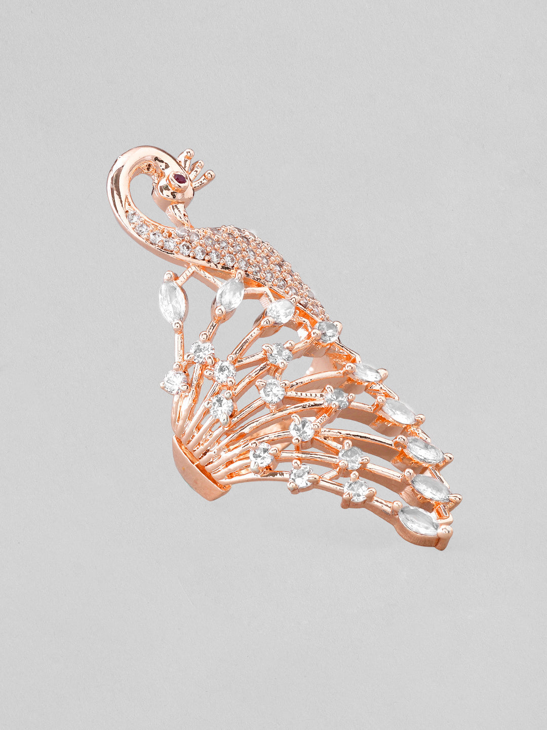 Rubans Rose Gold Plated Ring With Peacock Design And Studded AD Rose Gold