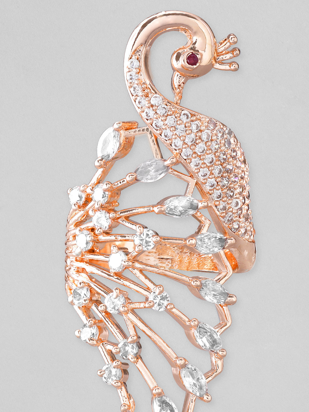 Rubans Rose Gold Plated Ring With Peacock Design And Studded AD Rose Gold