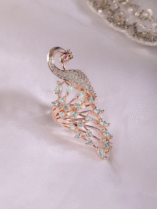Rubans Rose Gold Plated Ring With Peacock Design And Studded AD Rose Gold