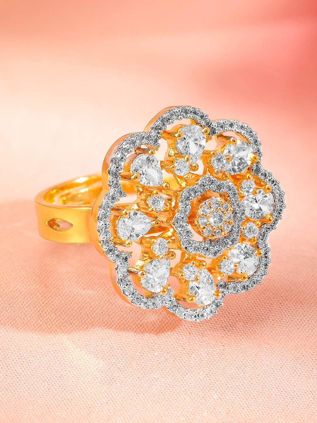 American Diamond Zirconia Floral Gold Ring Gold