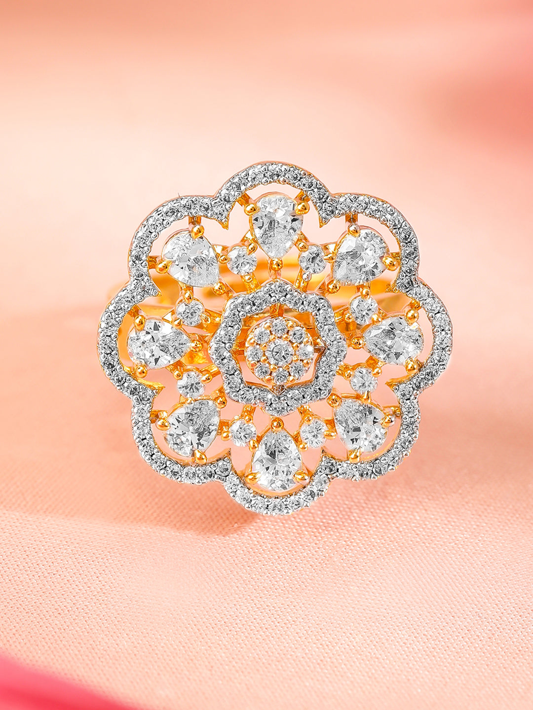 American Diamond Zirconia Floral Gold Ring Gold