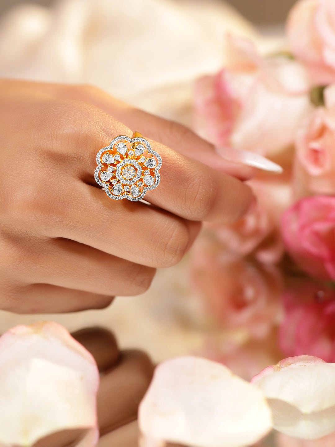 American Diamond Zirconia Floral Gold Ring Gold