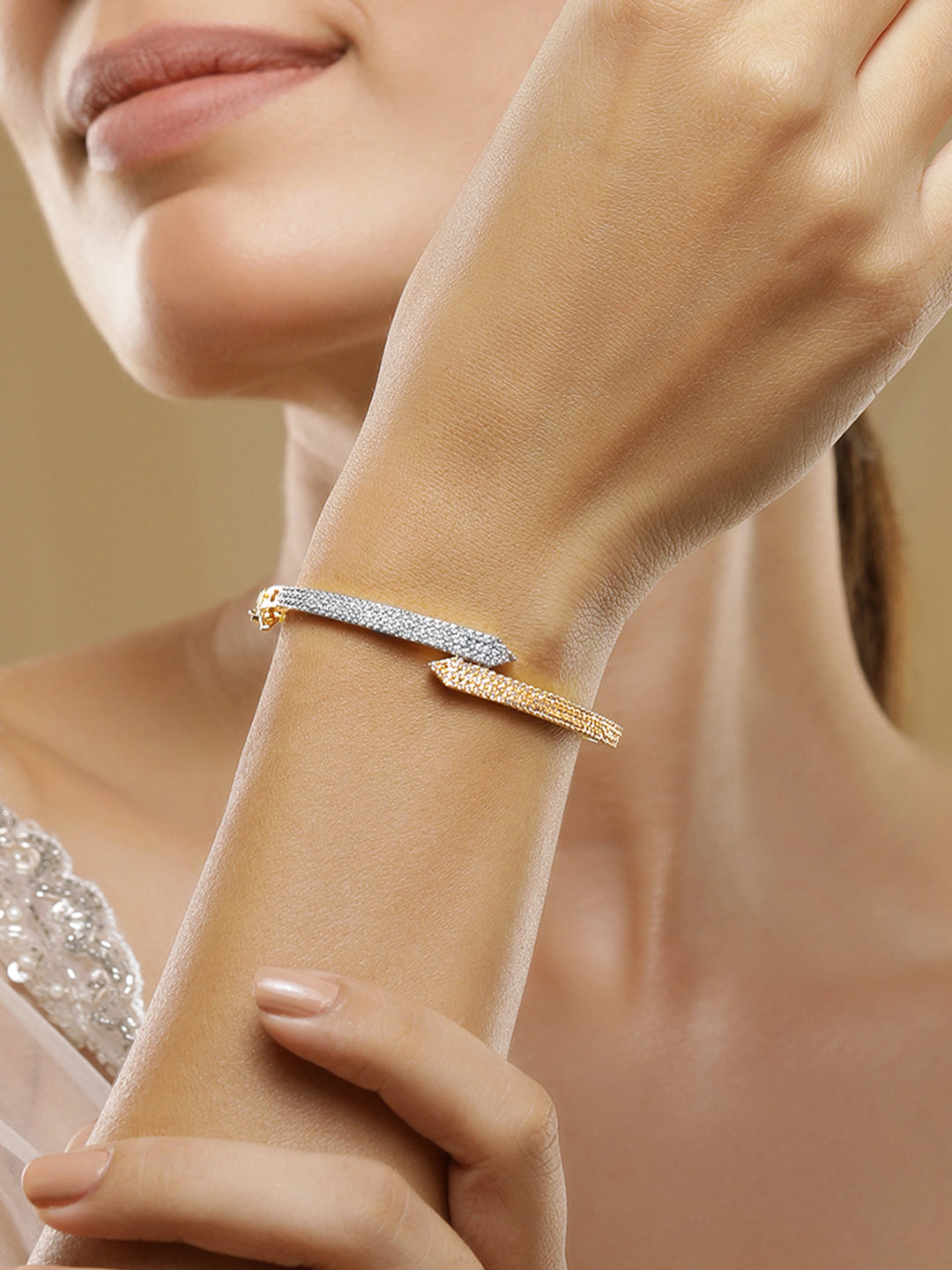 Rubans Dual Tone 22K Gold & Silver Plated Sparkling Zirconia Studded Openable Bangle-Style Bracelet Gold