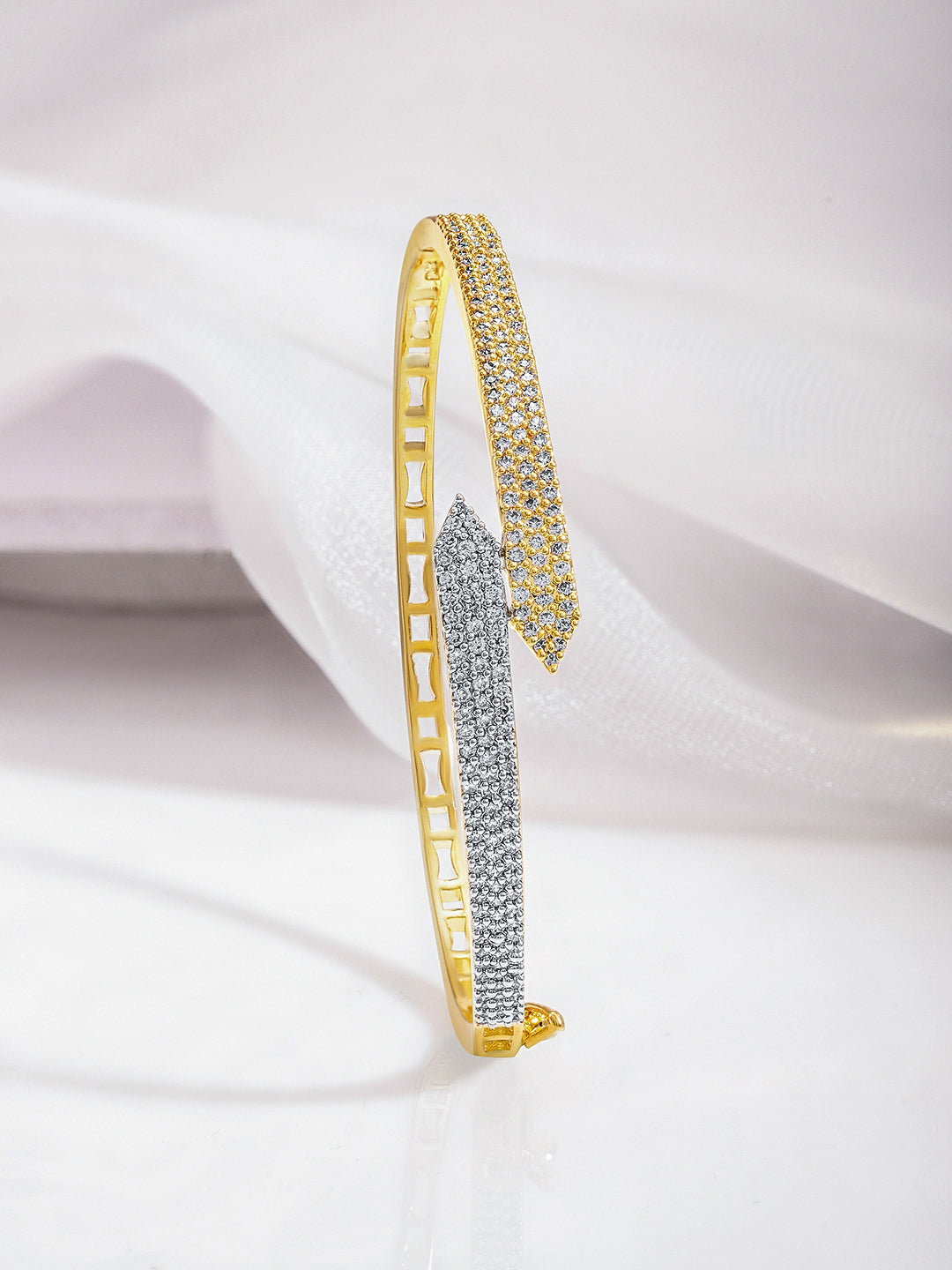 Rubans Dual Tone 22K Gold & Silver Plated Sparkling Zirconia Studded Openable Bangle-Style Bracelet Gold