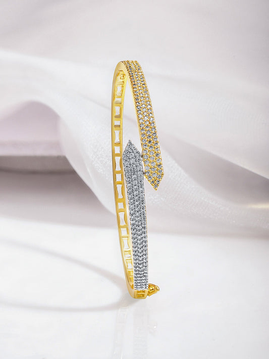 Rubans Dual Tone 22K Gold & Silver Plated Sparkling Zirconia Studded Openable Bangle-Style Bracelet Gold