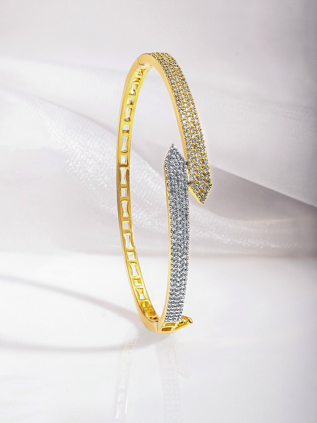 Rubans Dual Tone 22K Gold & Silver Plated Sparkling Zirconia Studded Openable Bangle-Style Bracelet Gold
