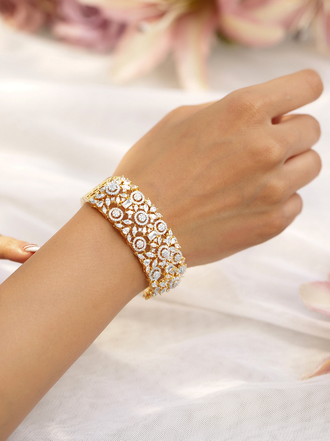 Rubans Women Brass Cubic Zirconia Handcrafted Gold-Plated Cuff Bracelet Gold