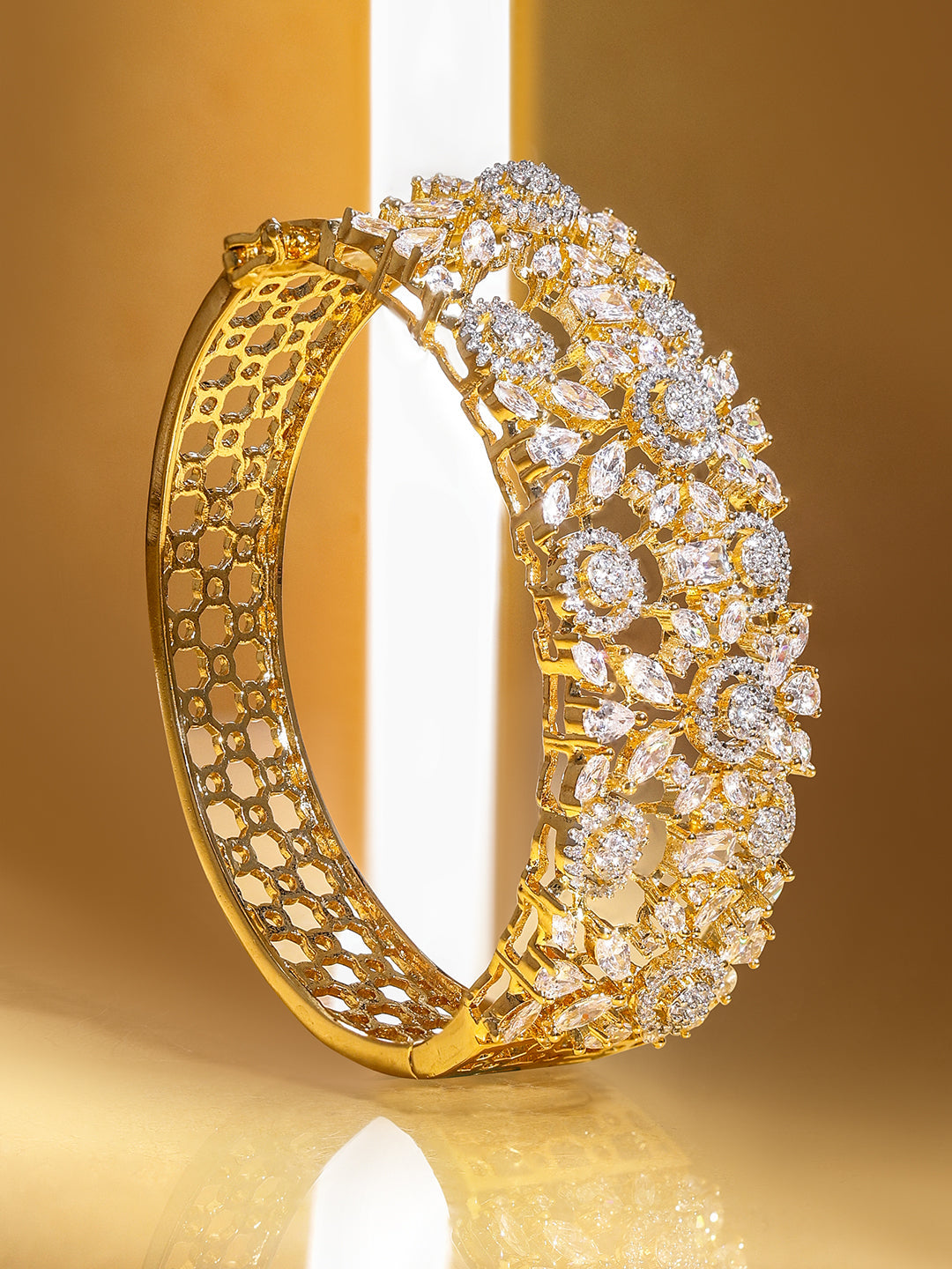 Rubans Women Brass Cubic Zirconia Handcrafted Gold-Plated Cuff Bracelet Gold