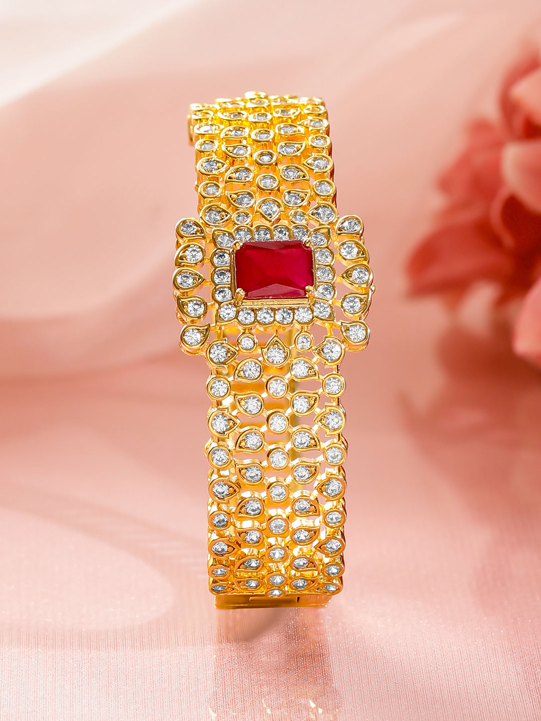 Rubans Women Brass Cubic Zirconia Handcrafted Gold-Plated Bangle-Style Bracelet フリーサイズ