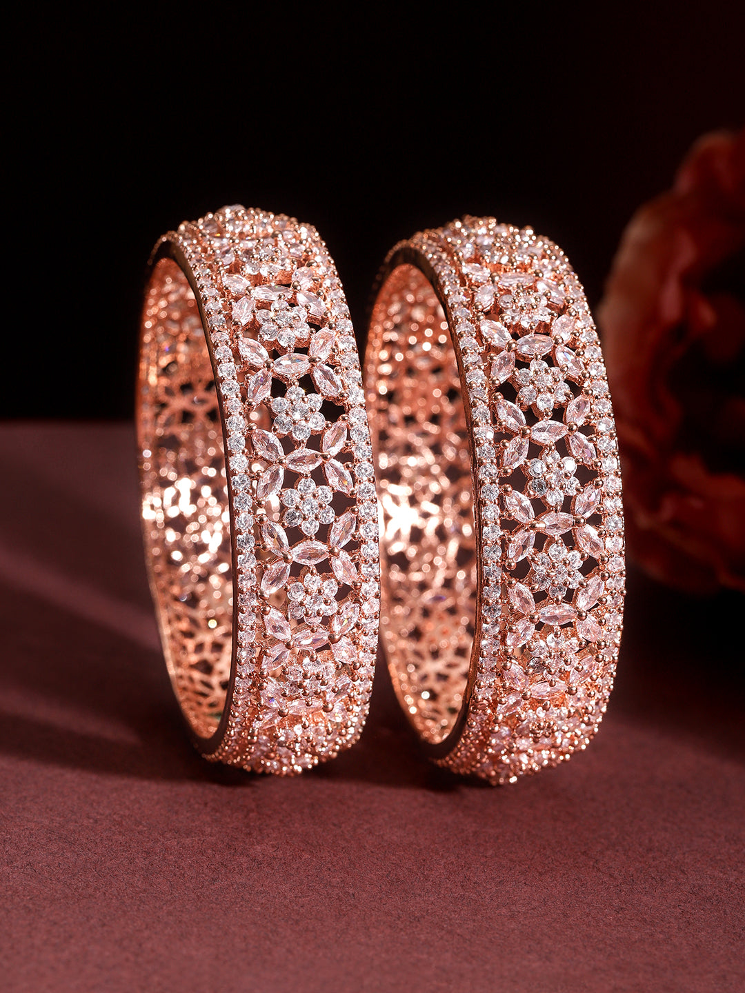 Rubans Set of 2 22K Rose Gold Plated Cubic Zirconia Stone Studded Floral Design Bangles 2.4 - Small
