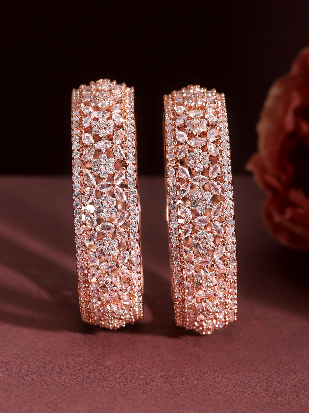 Rubans Set of 2 22K Rose Gold Plated Cubic Zirconia Stone Studded Floral Design Bangles 2.4 - Small