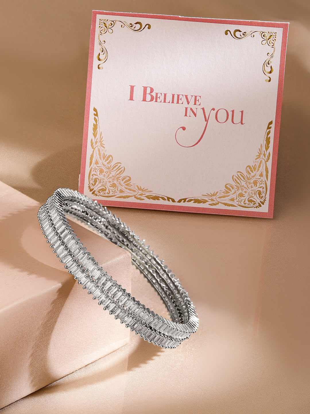 Rubans Silver Plated Set of 2 Zirconia Stone Studded Bangles 2.10 - Extra Large / Silver