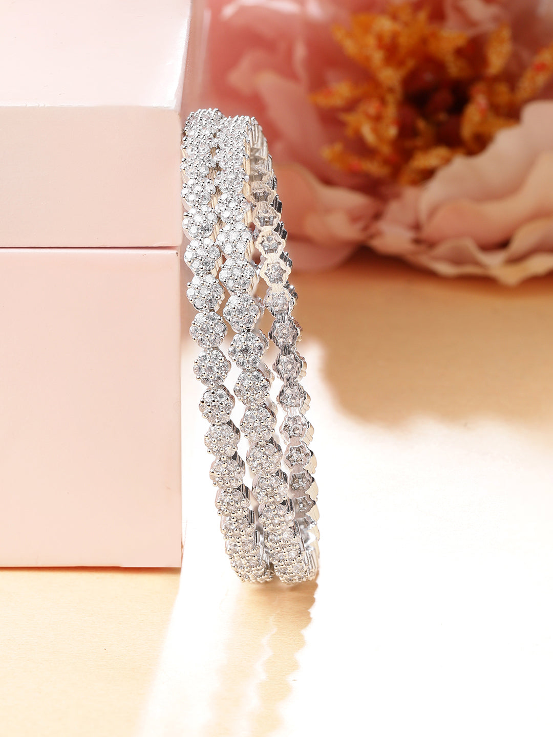 Rubans Set of 2 Silver-Plated Zirconia Stone Studded Bangles 2.4 - Small / Silver