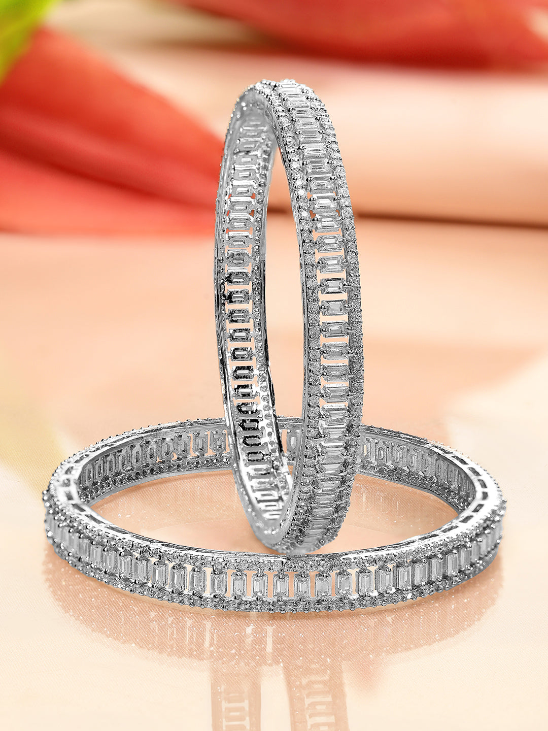 Rubans Set of 2 Silver-Plated AD & Cubic Zirconia Stone-Studded Premium Bangles 2.4 - Small