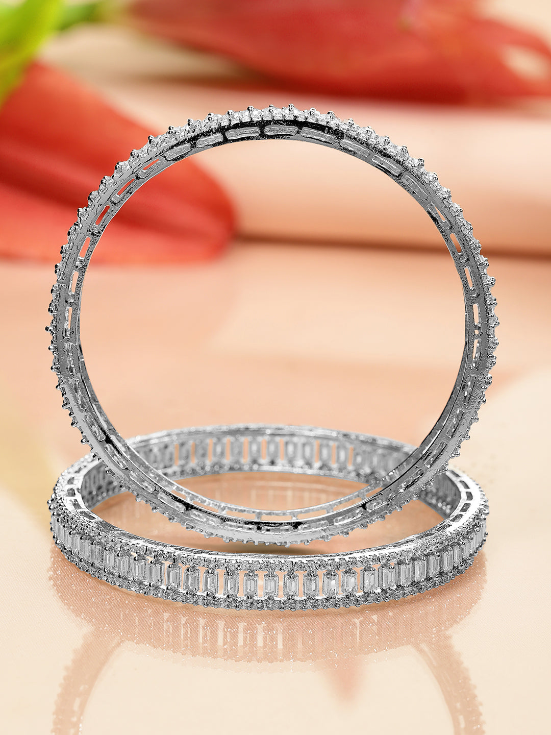 Rubans Set of 2 Silver-Plated AD & Cubic Zirconia Stone-Studded Premium Bangles 2.6 - Medium