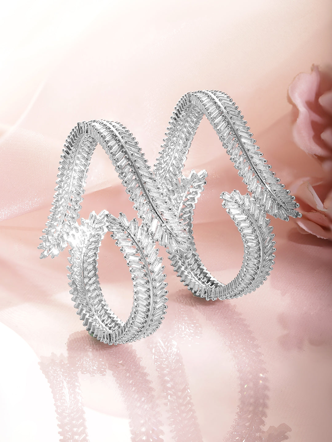 Set of 2 Rhodium Plated AD & Cubic Zirconia Studded Premium Bangles 2.4 - Small