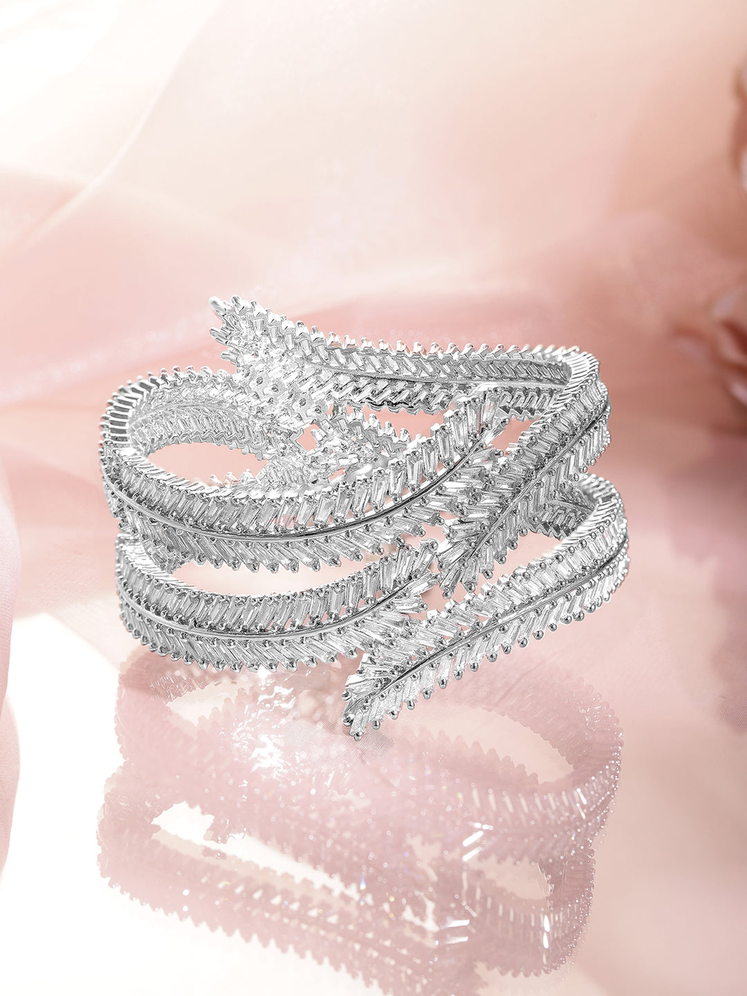 Set of 2 Rhodium Plated AD & Cubic Zirconia Studded Premium Bangles 2.4 - Small