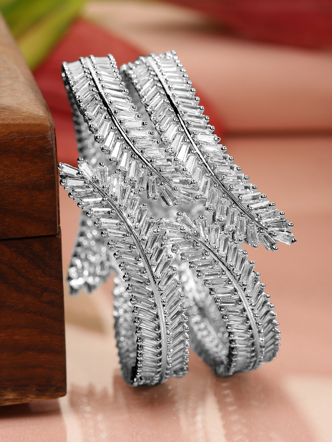 Rubans Set of 2 Rhodium-Plated AD & Cubic Zirconia Studded Premium Bangles 2.4 - Small