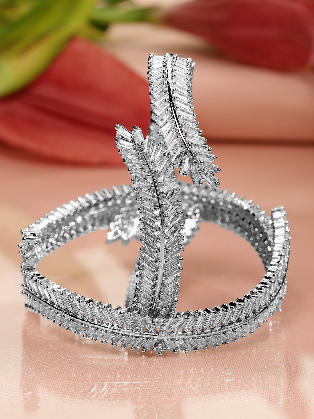 Rubans Set of 2 Rhodium-Plated AD & Cubic Zirconia Studded Premium Bangles 2.4 - Small