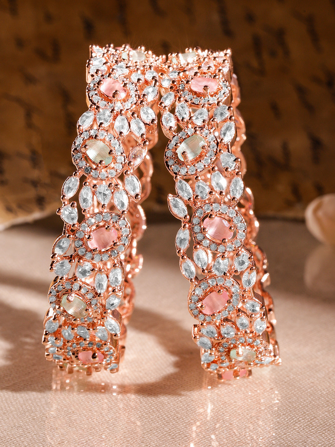 Rubans Set of 2 22K Rose Gold-Plated Pastel Pink, Blue & White Cubic Zirconia Studded Premium Bangles 2.8 - Large