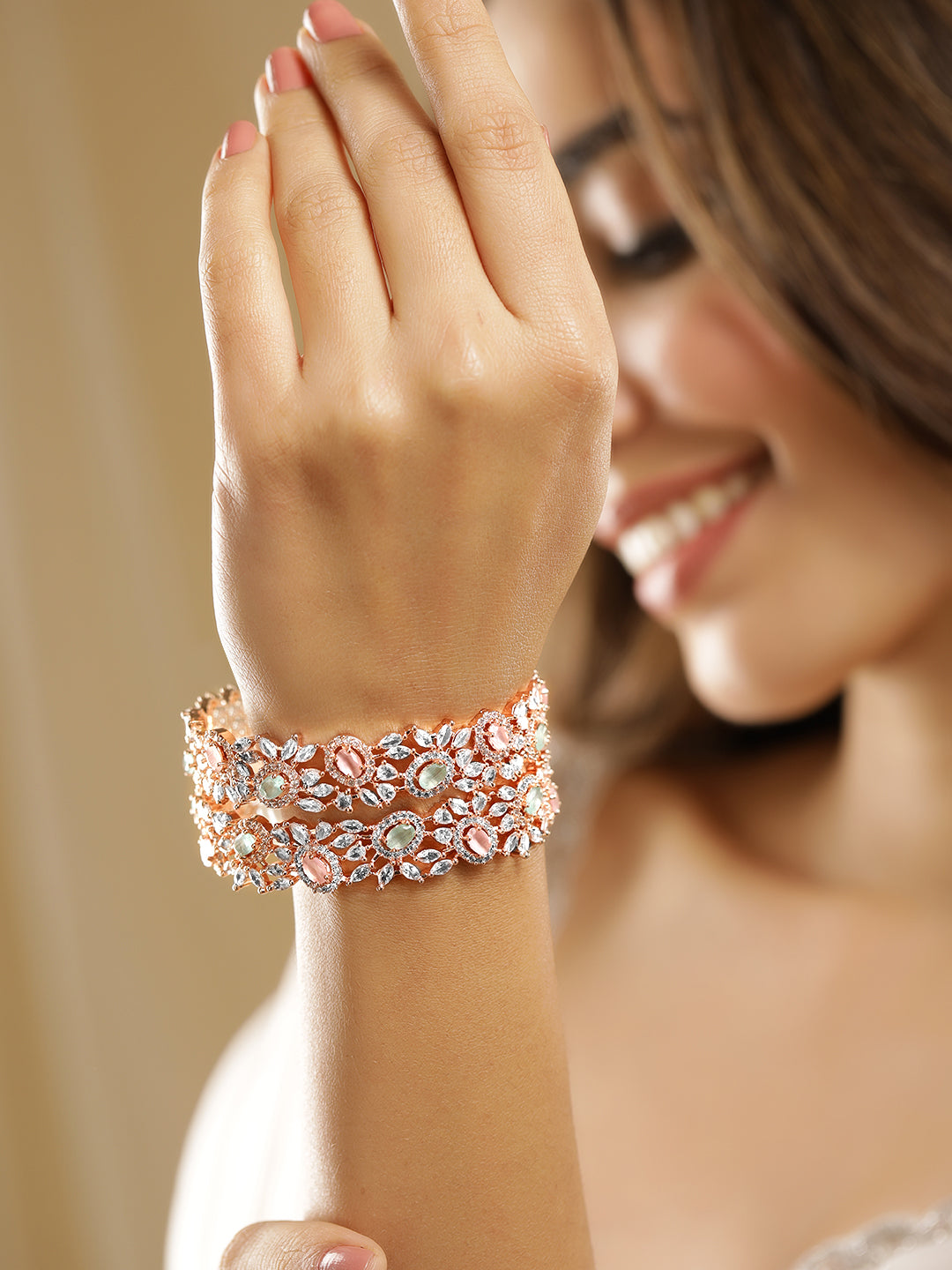 Rubans Set of 2 22K Rose Gold-Plated Pastel Pink, Blue & White Cubic Zirconia Studded Premium Bangles 2.8 - Large
