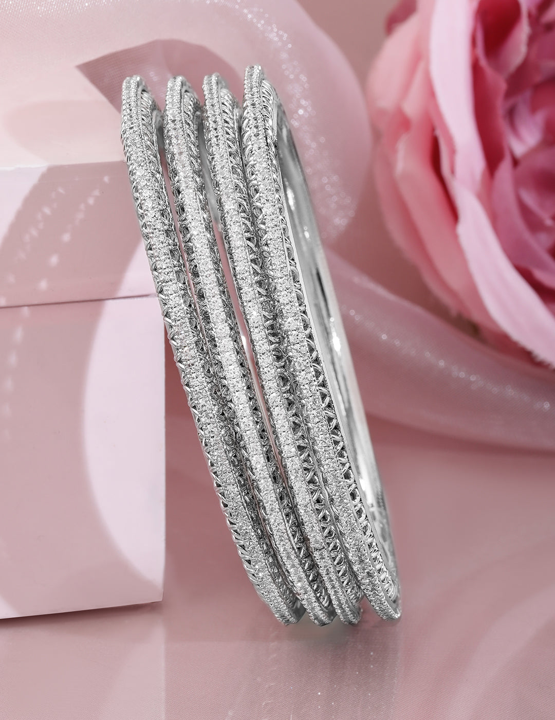 Rubans Set of 4 Rhodium-Plated Cubic Zirconia Studded Bangles 2.8 - Large