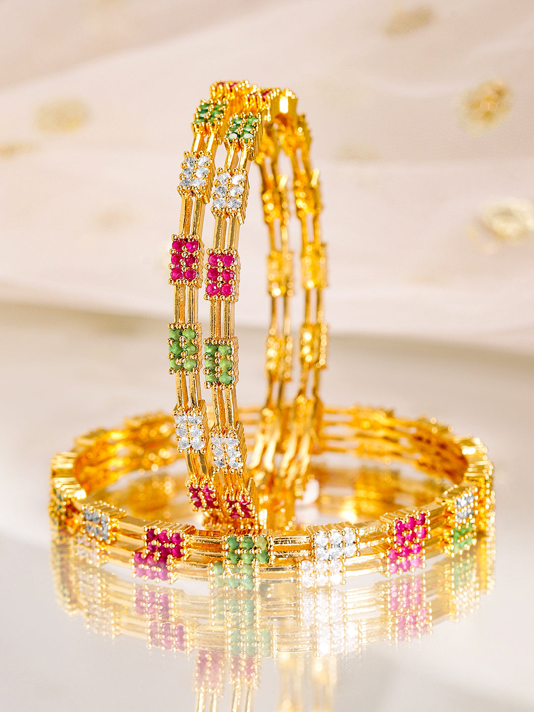 Rubans Set of 4, 22K Gold-Plated Multicolor Stone & Cubic Zirconia Handcrafted Bangles 2.4 - Small