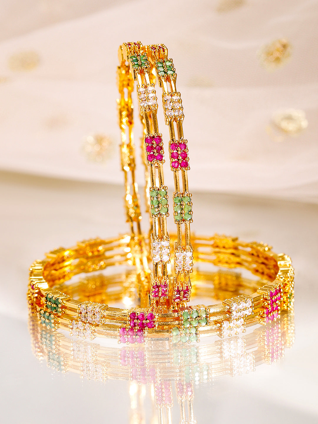 Rubans Set of 4, 22K Gold-Plated Multicolor Stone & Cubic Zirconia Handcrafted Bangles 2.4 - Small