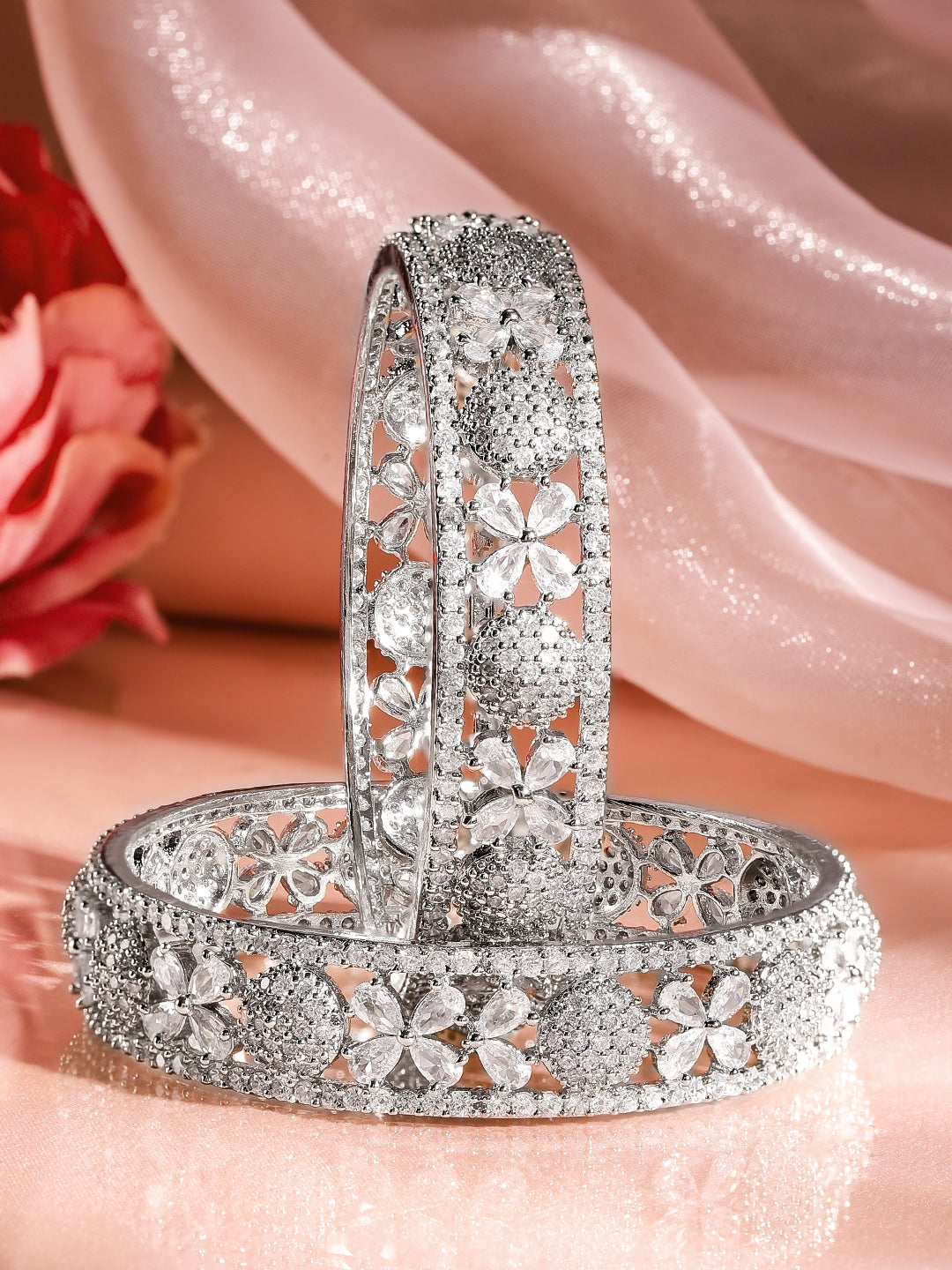 American Diamond Zirconia Studded Floral Design Bangles 2.6 - Medium