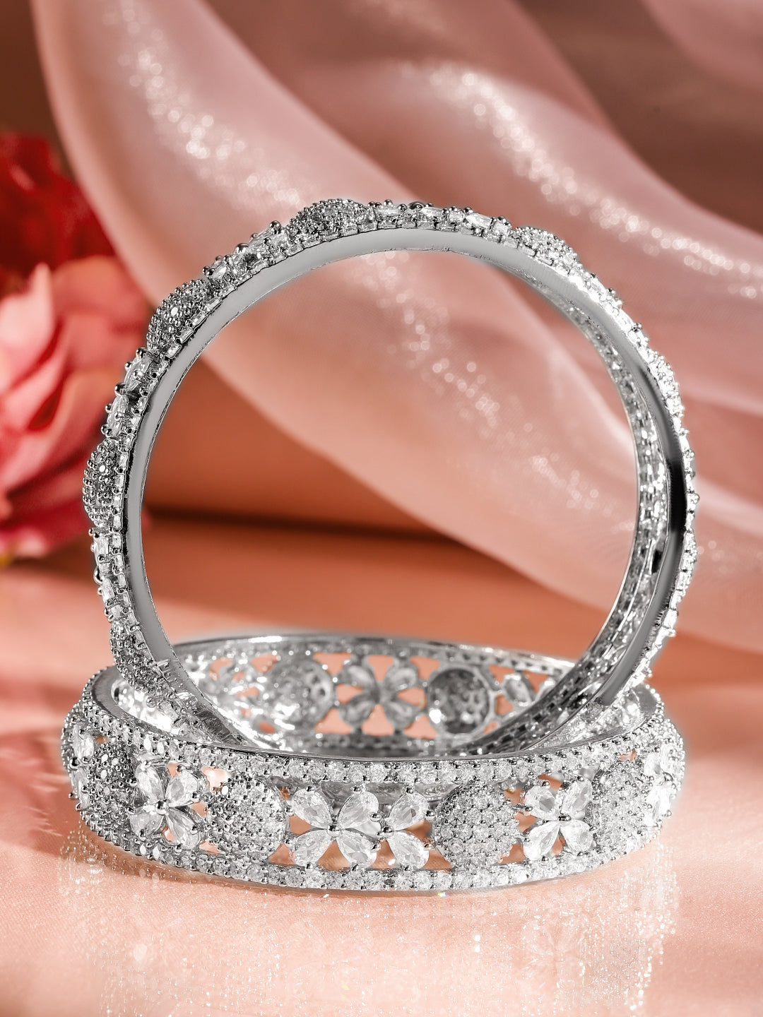 American Diamond Zirconia Studded Floral Design Bangles 2.8 - Large