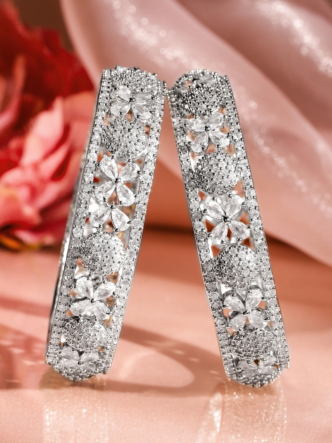 American Diamond Zirconia Studded Floral Design Bangles 2.8 - Large